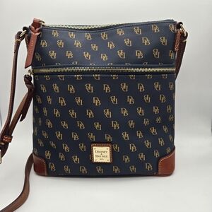 Like New. Dooney & Bourke Canvas Monogram Navy and Brown Crossbody Bag Purse